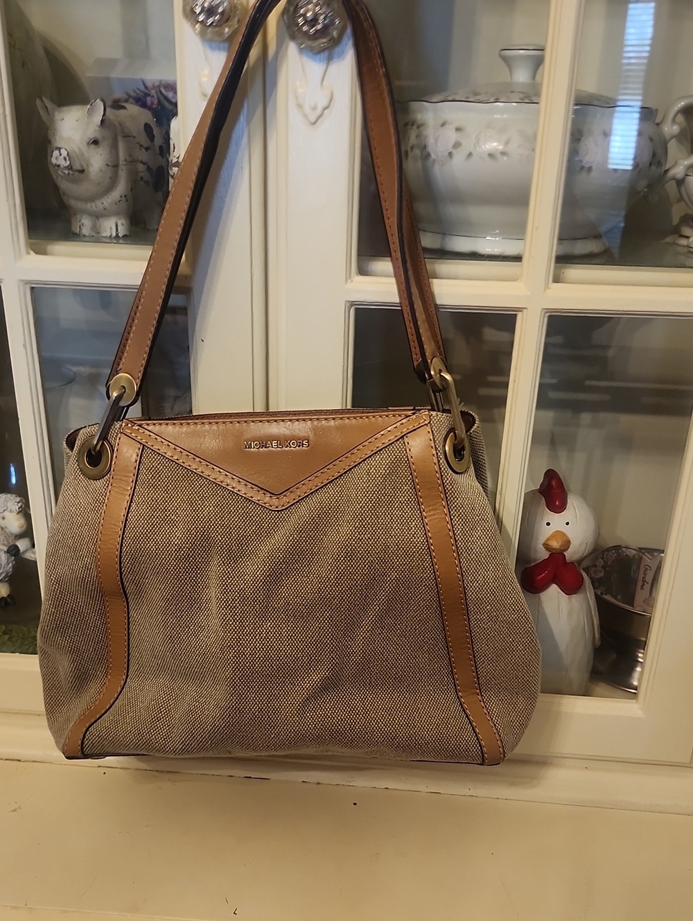 Michael Kors Beige Canvas Shoulder Bag with Tan Leather Trim